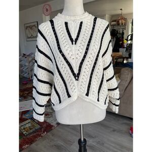 Bishop + Young Womens Cream Black Striped Cotton Knit Cropped Sweater Medium